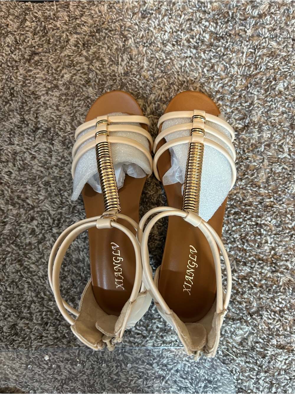 XIANGLV Cream and Tan T-strap Sandals with Gold Coil Detail